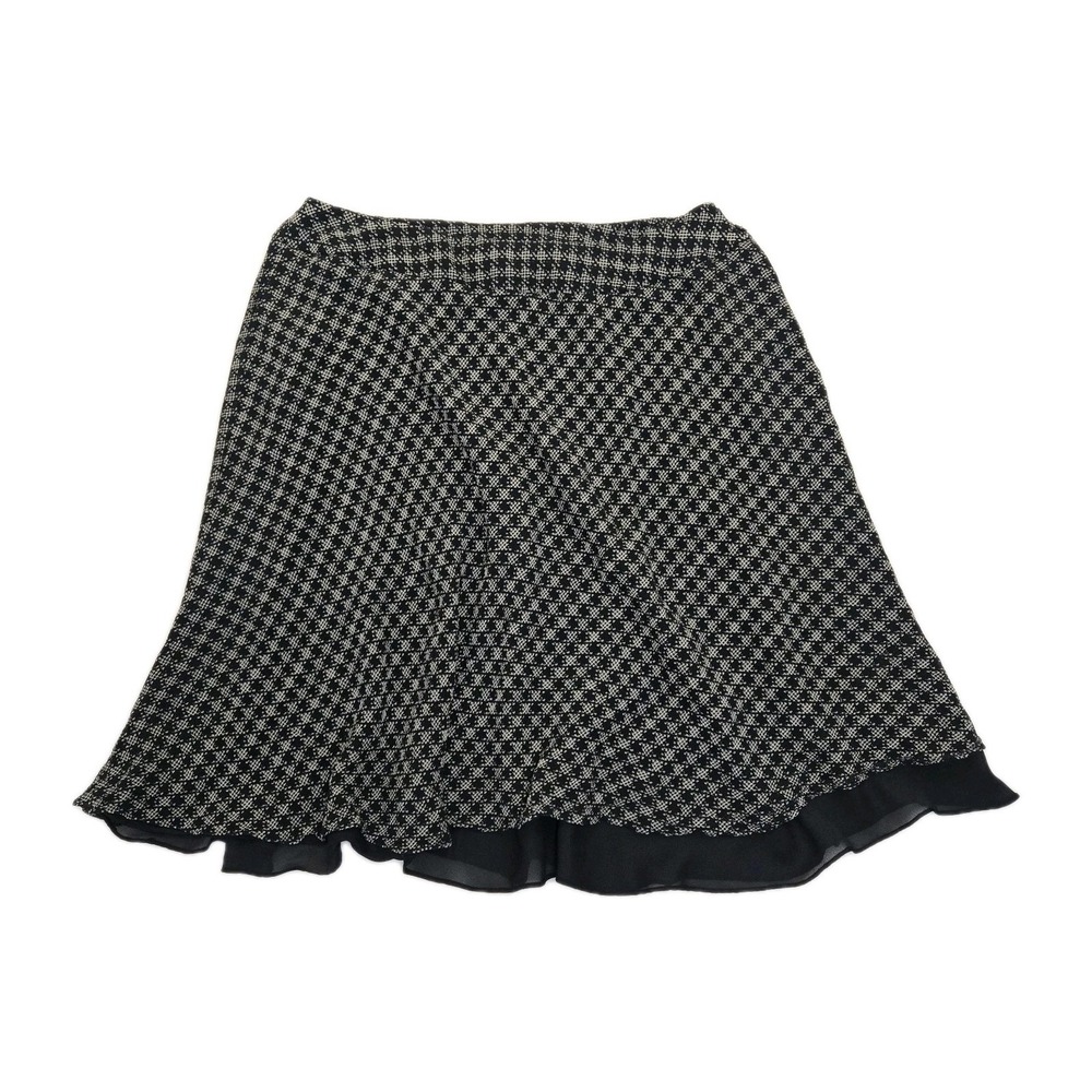 Anne Klein 18W Black White 100% Silk A-Line Ruffle Hem Skirt Geometric Pattern
